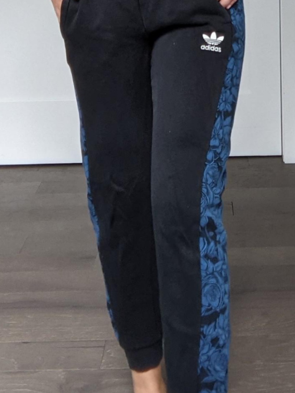 adidas Black Joggers with Blue Floral Side Stripes
